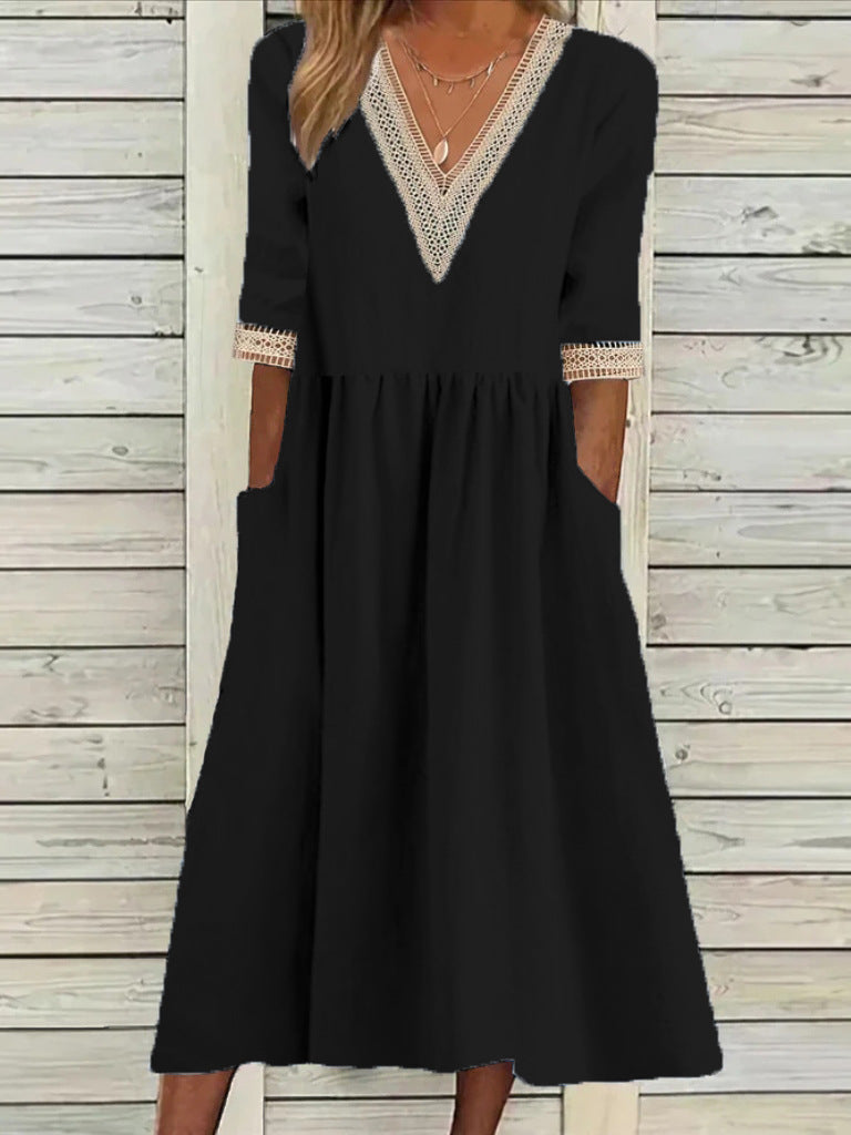 🌈👗【Letné nové produkty - zľava 50%🔥】【40-90 kg】👑 Dámske voľné šaty strednej dĺžky, materiál bavlna a ľan, čipkovaný golier, veľká veľkosť