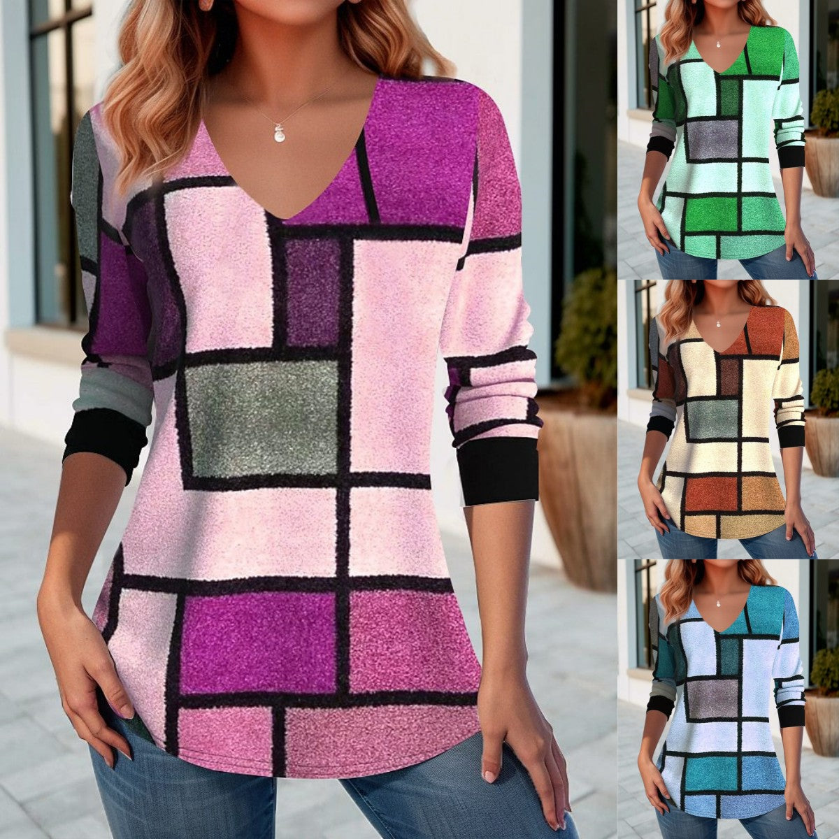 💥【S-5XL】Tricou la modă cu decolteu în V, pentru primăvară și toamnă, 3728204