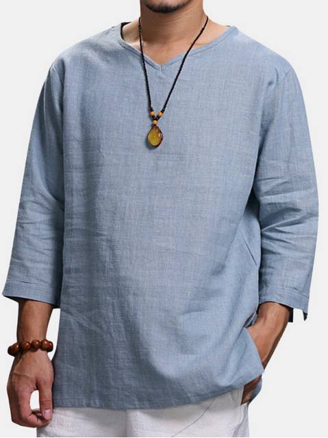 🎉😊【M-4XL】Tricou de vară nou, simplu, din bumbac și in, în culoare uni, confortabil și respirabil