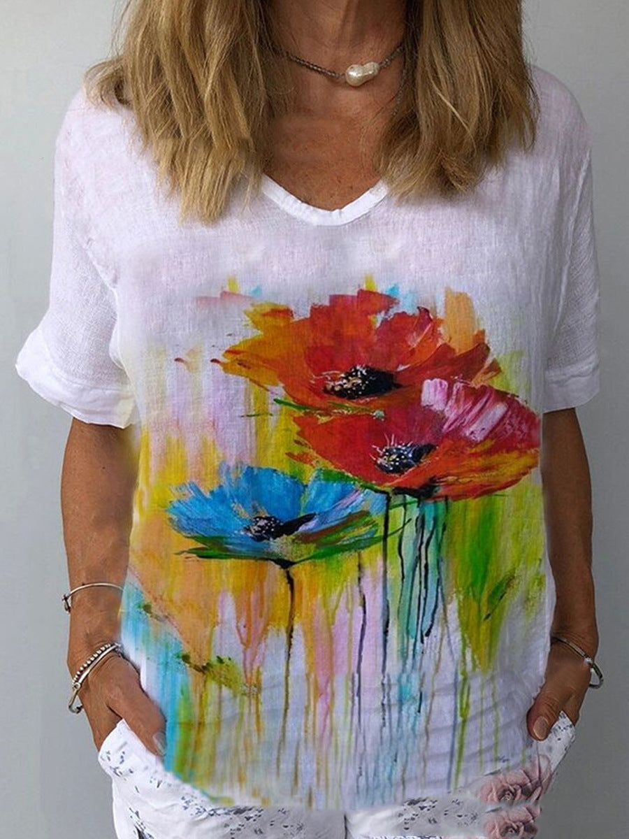 🔥【S-5XL】🌈Camiseta de manga corta de lino y algodón con estampado floral💐