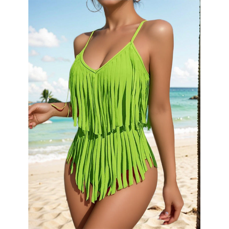 😍👙【Koupit 1 a získat 1 zdarma】2024 Sexy plavky s véčkovým výstřihem a třásněmi na zádech