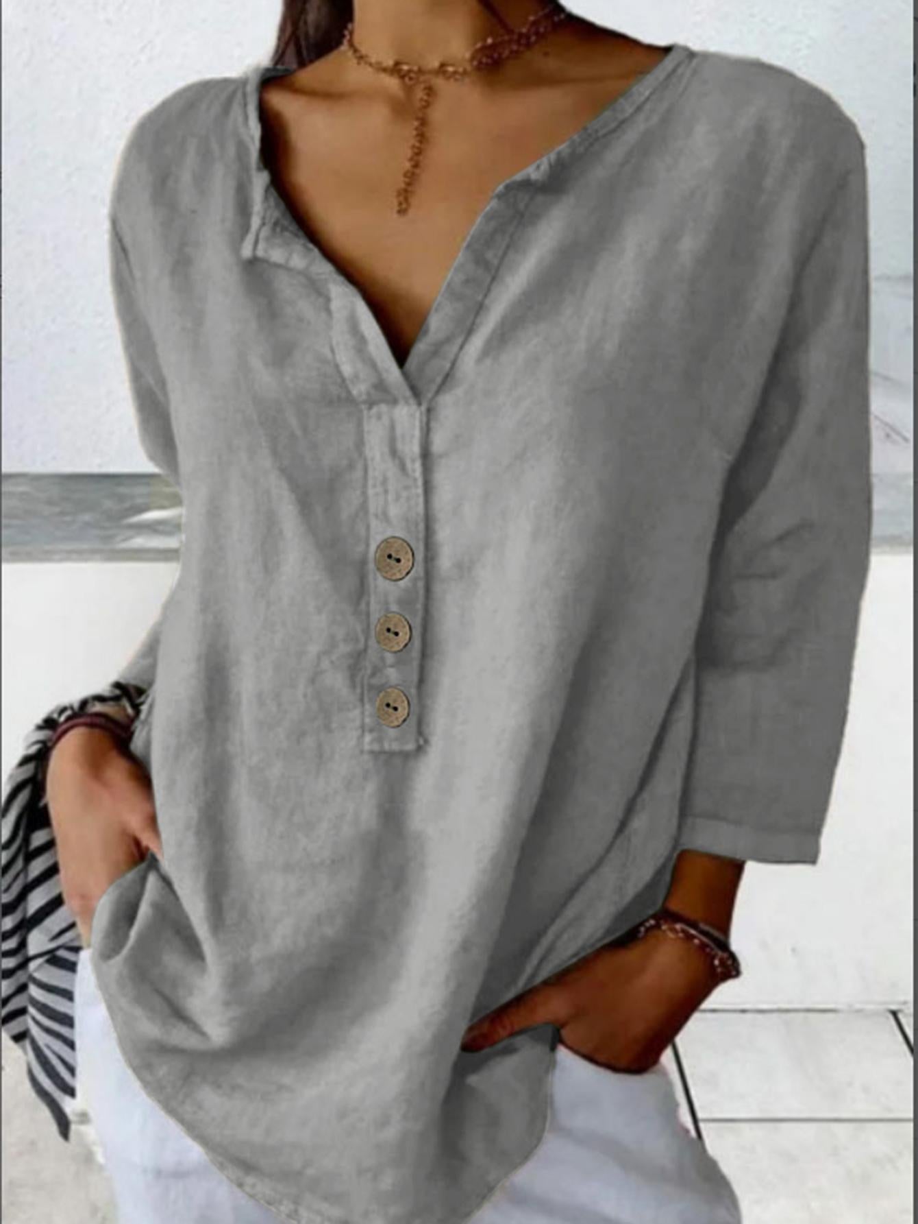 【-49% OFF】🔥Blusa de manga larga con cuello en V y botones, ideal para primavera, verano y otoño.【Pago contra entrega】