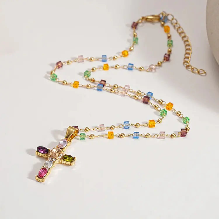 💎🌈Oferta: Collar con cruz de circonitas de colores. Incluye un precioso joyero.