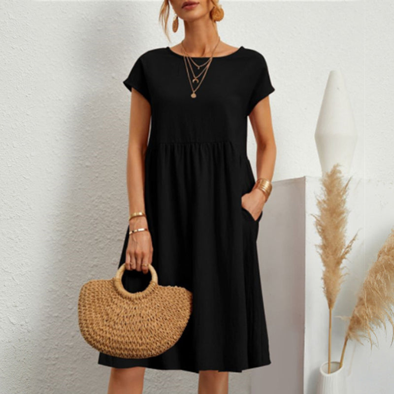 ✨ ✨ 【S-5XL】👗2025 Dámske bavlnené ľanové šaty s okrúhlym výstrihom a voľnými líniami