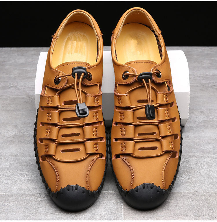 🌟👞【39-44】Nové letné pánske plážové sandále s dutým povrchom z pravej kože, duté mäkké kožené nazúvacie ploché topánky✨