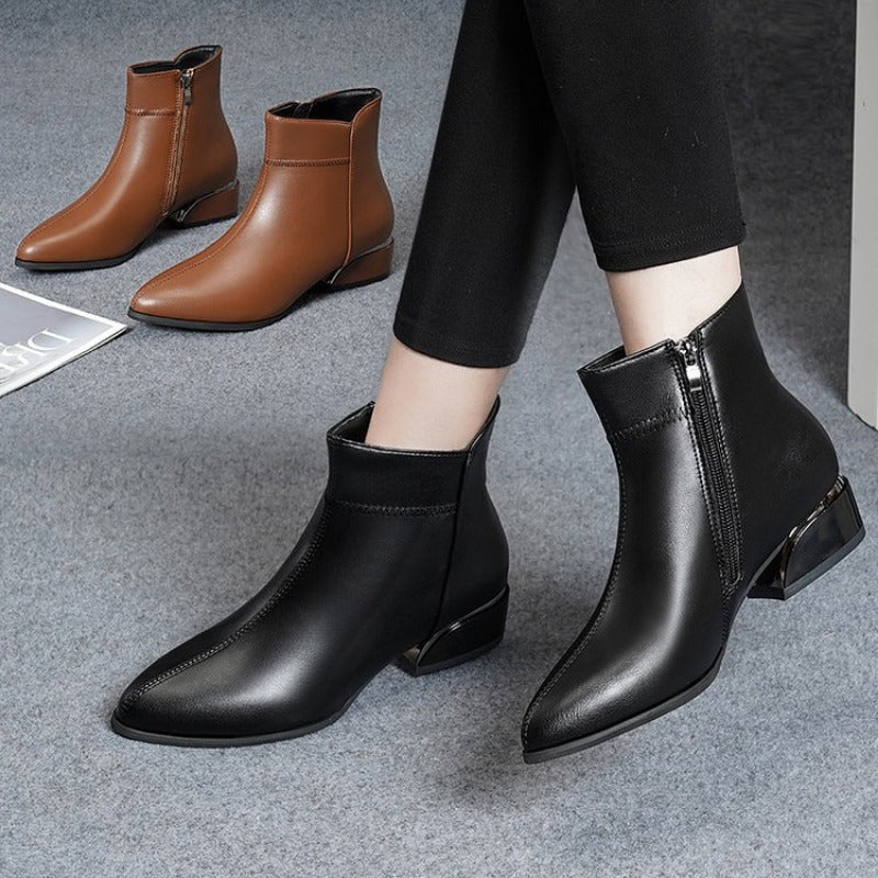 🔥Último día 50% de descuento - Botines de piel con tacón medio y cremallera lateral