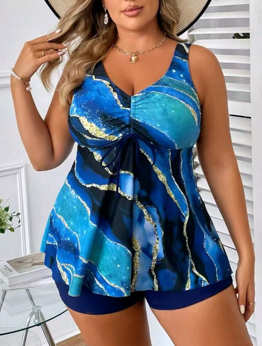🏖️👙【Veľký letný výpredaj】🌴【M-5XL】Nové módne potlačené dvojdielne plavky veľkej veľkosti zakrývajúce bruško