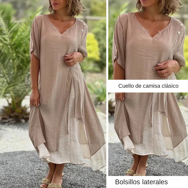 💐💐【S-4XL】Vestido de algodón de dos piezas irregular con cuello en V, vestido largo