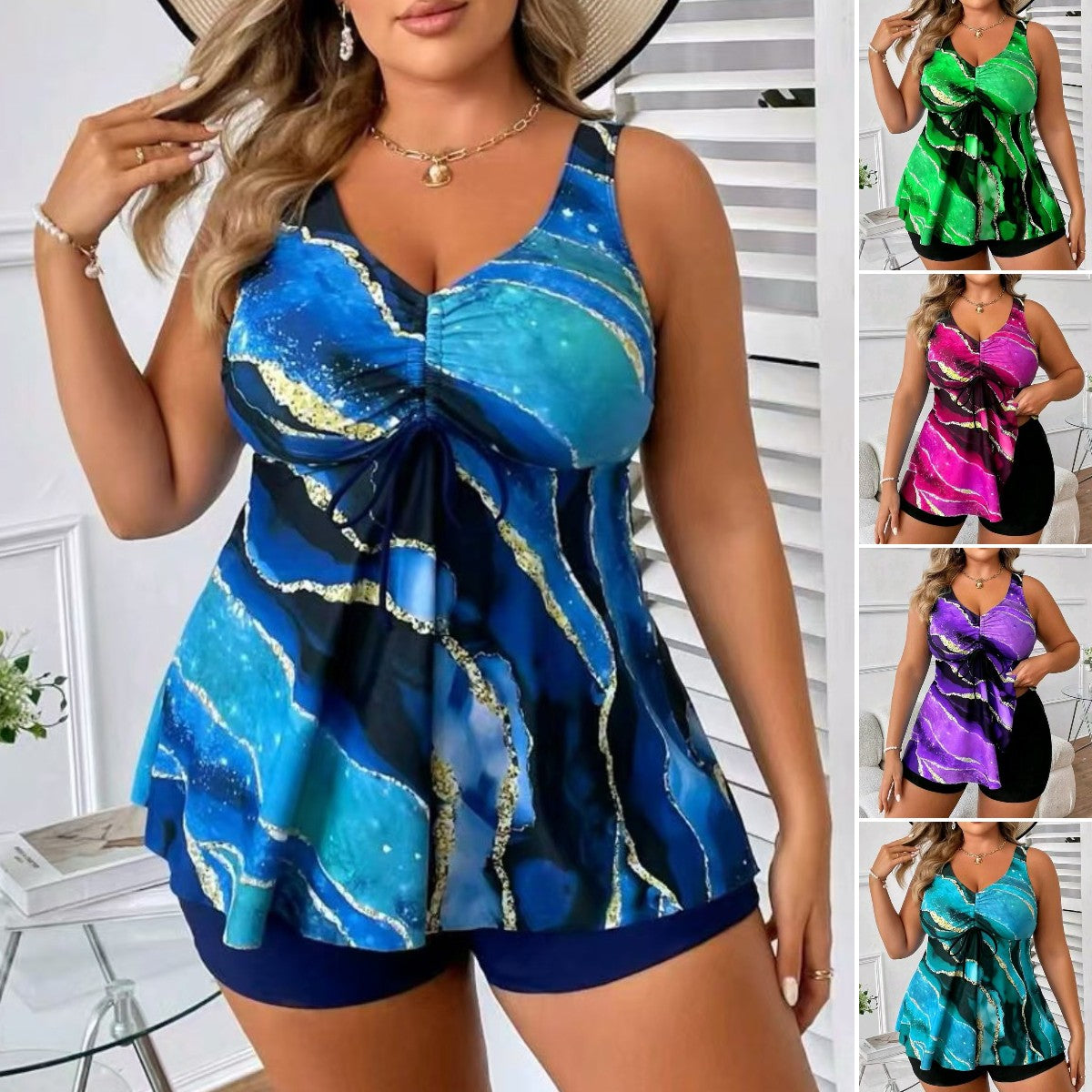 🏖️👙【Veľký letný výpredaj】🌴【M-5XL】Nové módne potlačené dvojdielne plavky veľkej veľkosti zakrývajúce bruško