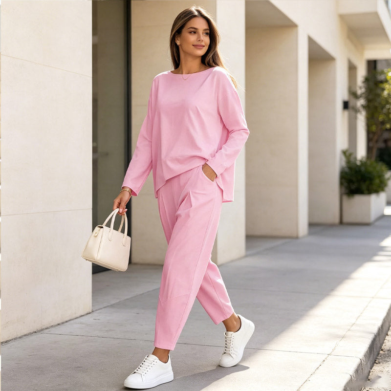 Conjunto casual y elegante a juego: Top de cuello redondo + pantalón