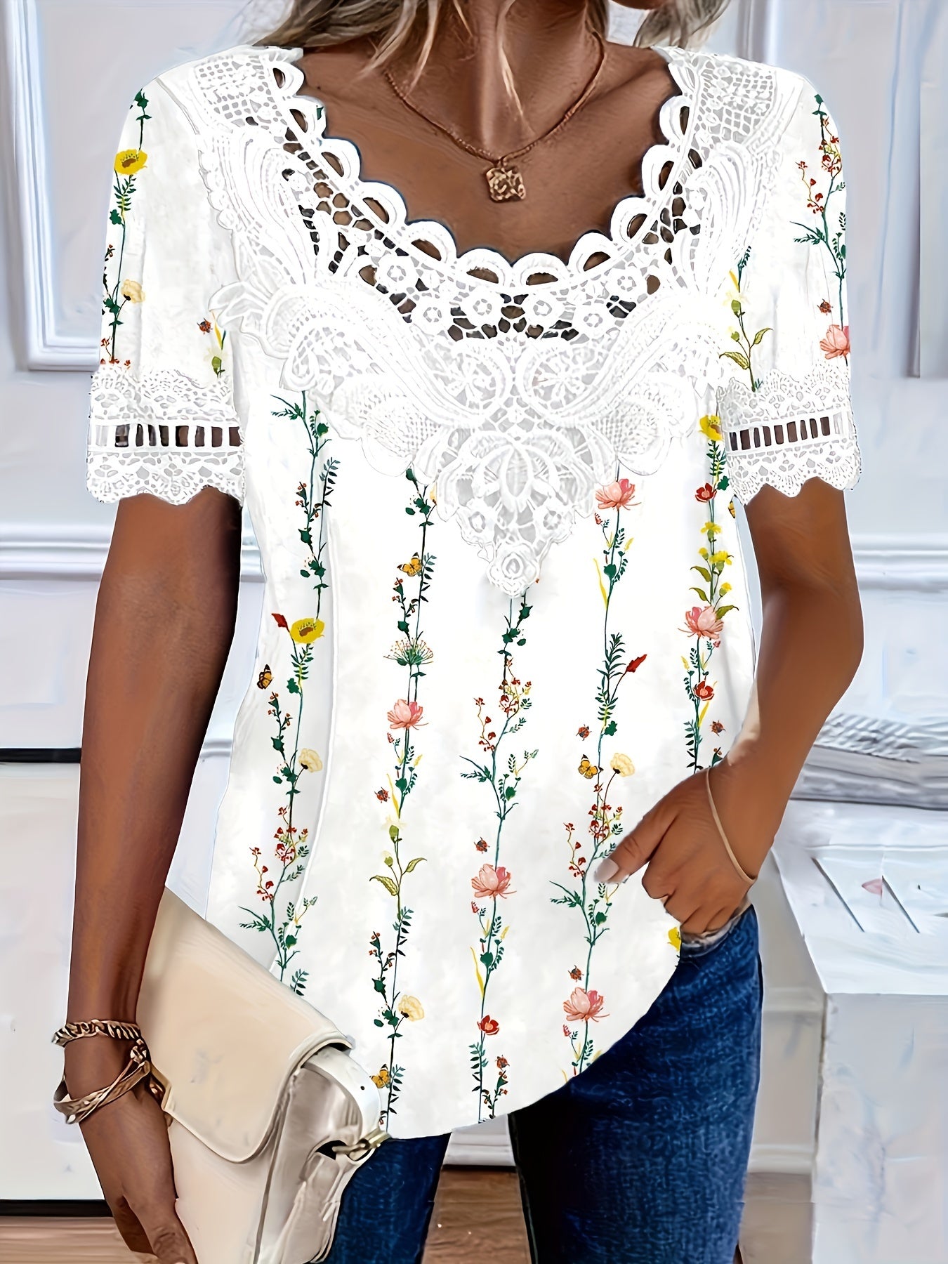 💕🌺【S-6XL】2025 Nová móda Pohodlné priedušné dámske elegantné čipkované ležérne tričko