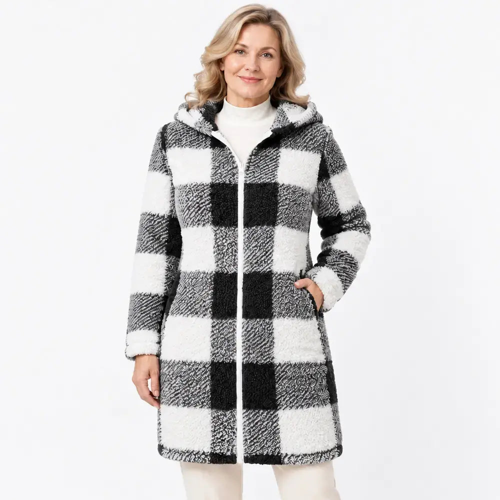 ✨【S-3XL】Cárdigan/abrigo largo reversible para mujer con cremallera – pelo sintético y estampado de cuadros (otoño/invierno)