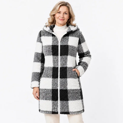 ✨【S-3XL】Cárdigan/abrigo largo reversible para mujer con cremallera – pelo sintético y estampado de cuadros (otoño/invierno)