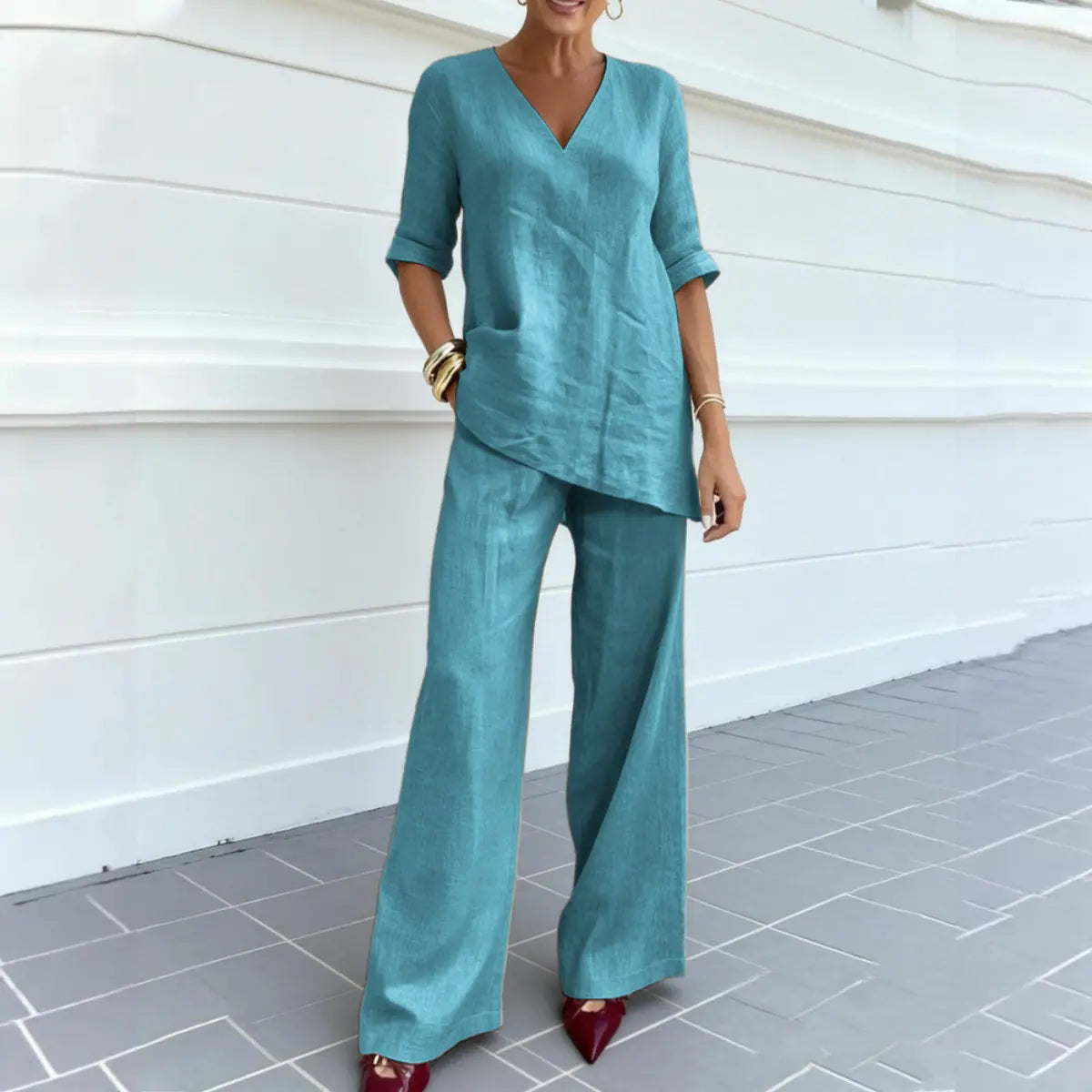 ❤️50% de descuento💥【40-100 kg】Conjunto 2026: Top de algodón y lino de color liso, manga media y cuello en V + Pantalones rectos casuales ✅️Pago contra entrega ✅️2 prendas con 70% de descuento