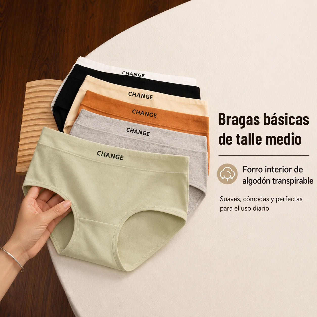 [6 piezas] Braguitas de algodón cómodas y transpirables de tiro medio para mujer