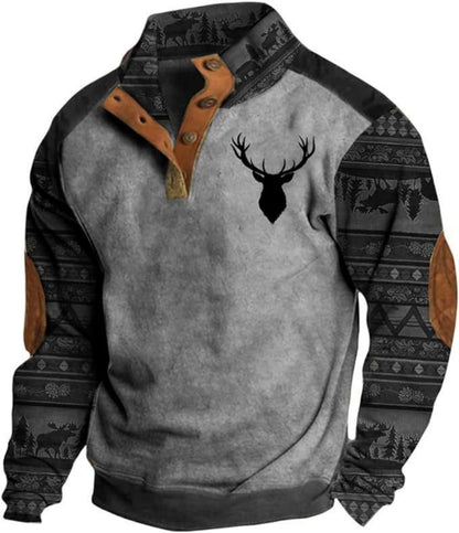 ⭐🔥【S-5XL】Camisa Henley retro para hombre con estampado digital 3D y corte holgado a la moda.