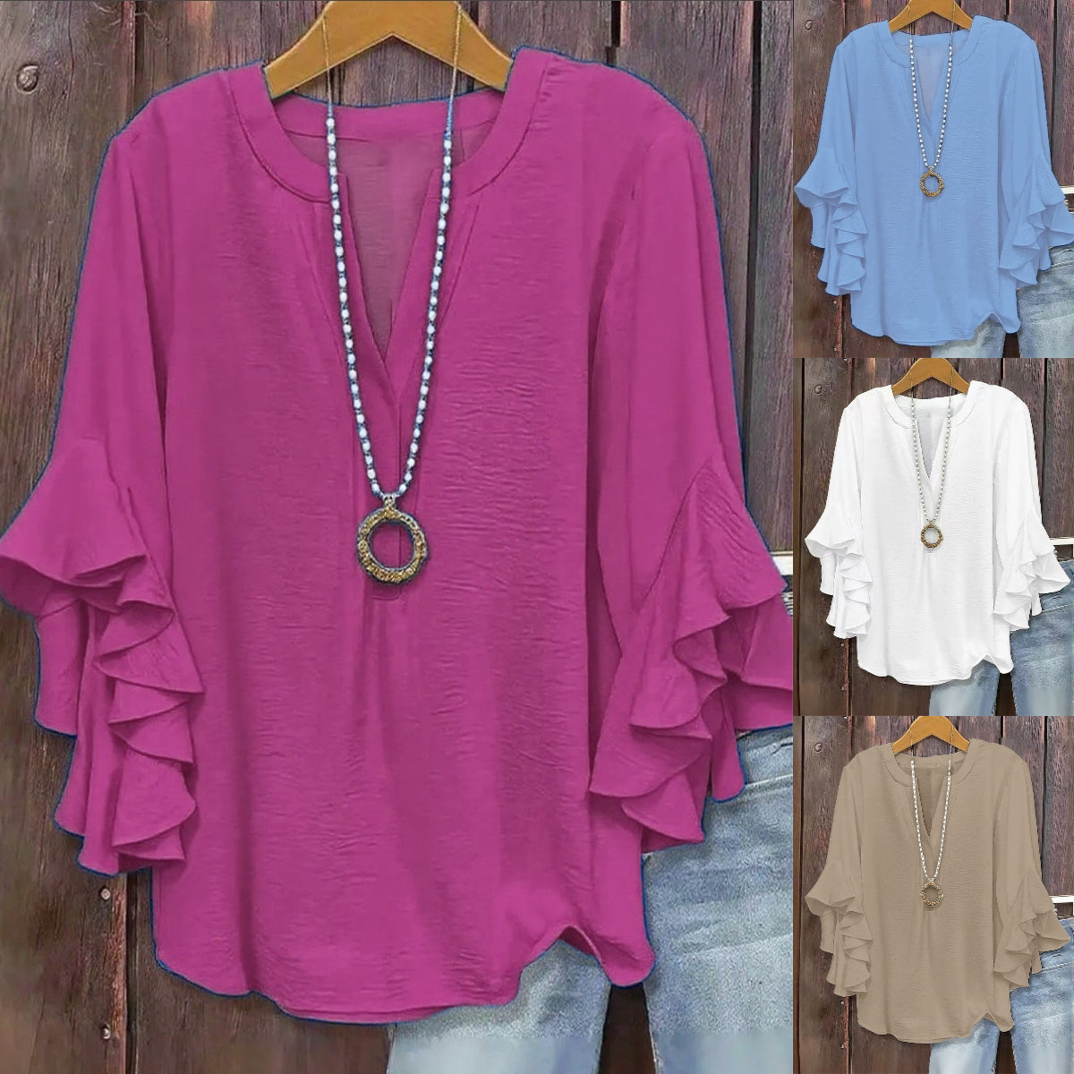 【L-5XL】Camisa de mujer con escote en V y volantes para tallas grandes.