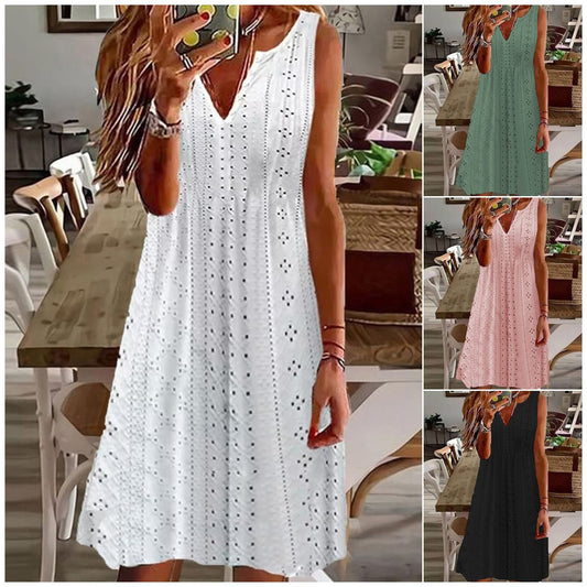 🧚‍♀️【50% reducere🔥】【S–5XL】😍 Rochie nouă de vară pentru mărimi mari, culoare uni, fără mâneci, decolteu în V, model jacquard respirabil 