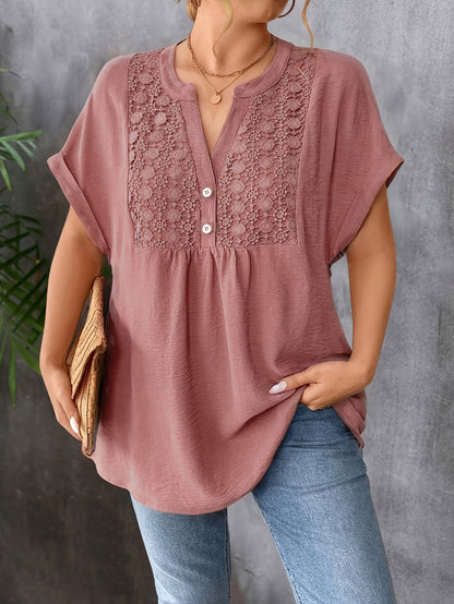 🌸✨ [L-5XL] Nueva camiseta de manga corta con ribete de encaje - Cuello en V 👚💖