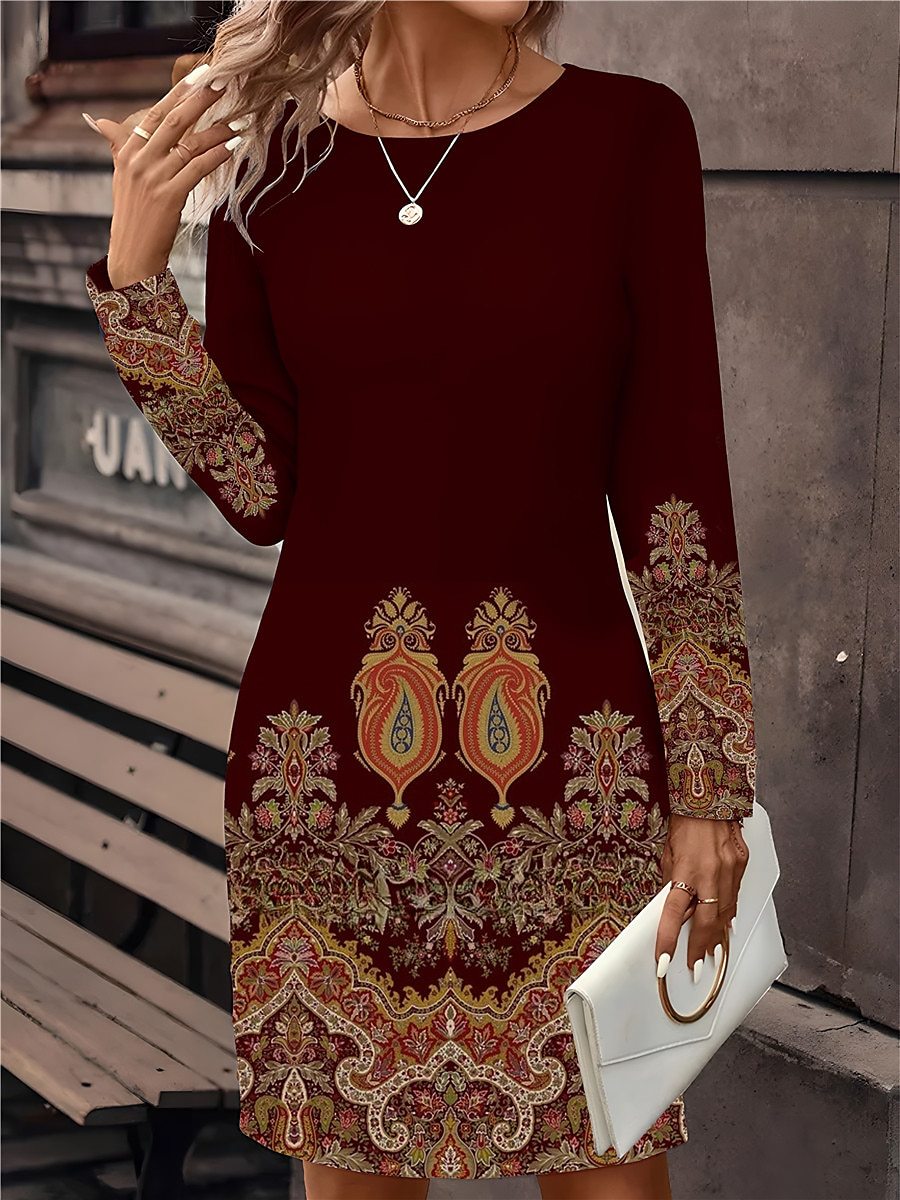 🔥🥰【S-5XL】Nuevo vestido estampado de cuello redondo y manga larga 2026