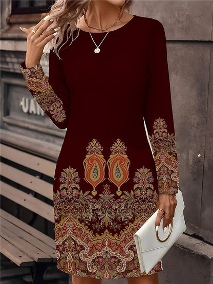 🔥🥰【S-5XL】Nuevo vestido estampado de cuello redondo y manga larga 2026