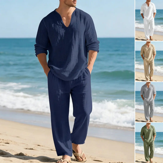 🌴 50% zľava 🔥 [Top + nohavice] Pánsky ležérny ľanový oblek s voľným strihom a výstrihom do V, ideálny na pláž. ✅ Platba na dobierku ✅ 2 položky so 70% zľavou