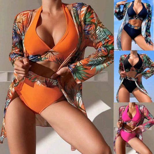 👙【Horúci výpredaj】👙 Dámske jednodielne plavky s potlačou na bikiny zahalenie do obyčajných plaviek, 3-dielna kvetinová súprava