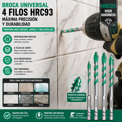 🔩 6+8+10+12mm✨Broca de 4 Filos Multimaterial – Perforación Rápida y Precisa en Acero, Vidrio y Cerámica 💪✨