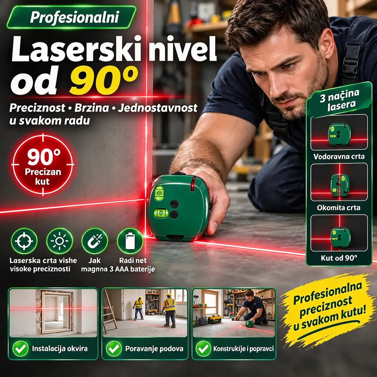 🔴Dvostrani laserski nivel za pravi kut: brzo i precizno poravnanje bez potrebe za linijom za crtanje