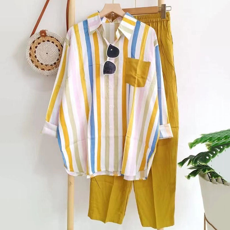 50% de descuento【S-5XL】Nuevo traje a rayas, elegante e informal, camiseta de manga larga + pantalón