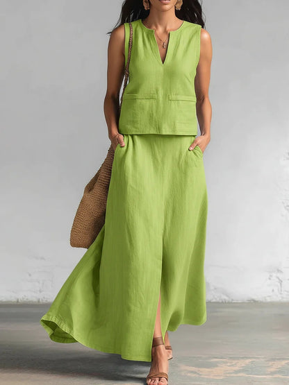 🔥 ¡Nueva llegada de verano! 😍 2026 Nuevo conjunto de dos piezas para mujer en colores sólidos: top de lino con cuello en V sin mangas y falda midi fluida