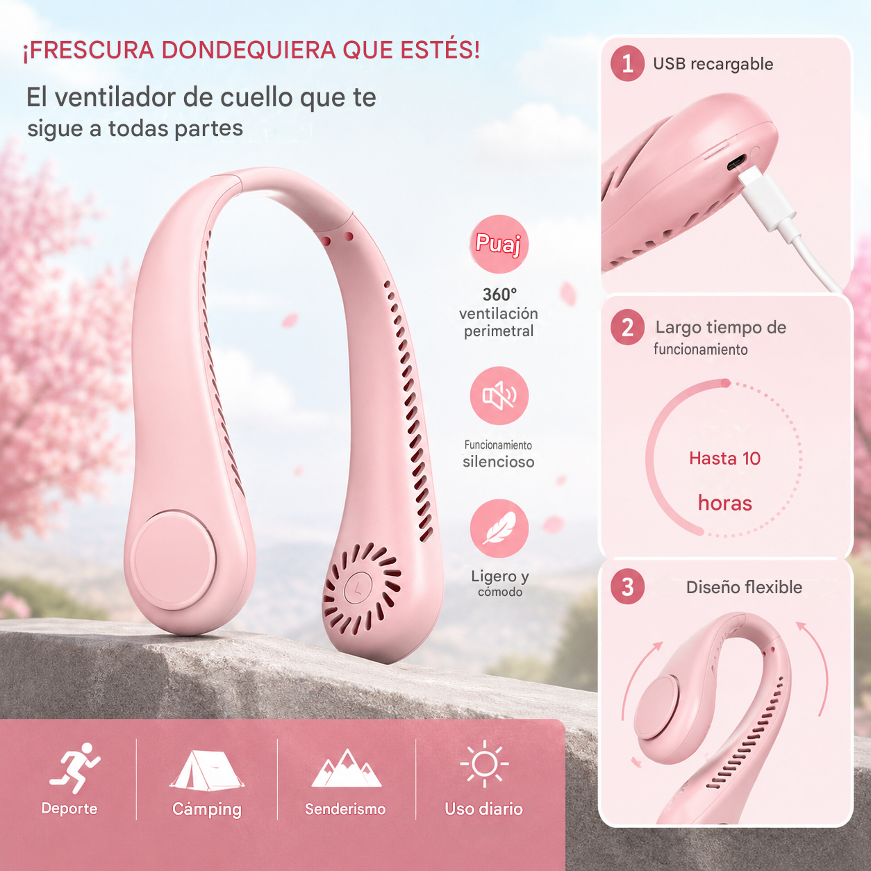 💨 Ventilador de aire acondicionado con cuello – Extremadamente silencioso, portátil y giratorio 360° – Ideal para el verano 🌞