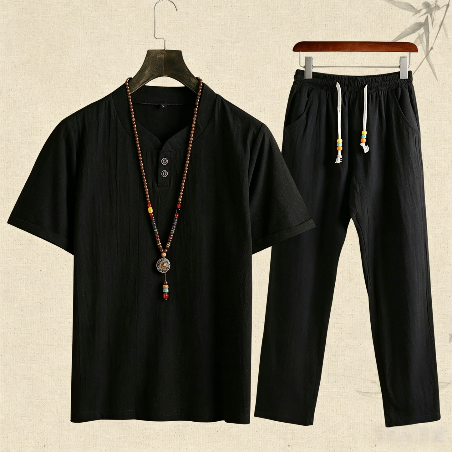 🌴 50% de descuento 🔥  (camiseta + pantalón)Conjunto de playa de lino informal y holgado con botones para hombre. ✅️ Pago contra entrega disponible