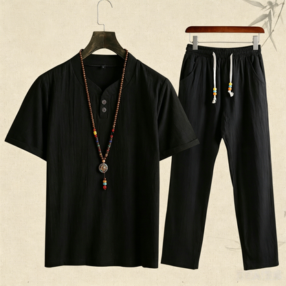 🌴 50% de descuento 🔥  (camiseta + pantalón)Conjunto de playa de lino informal y holgado con botones para hombre. ✅️ Pago contra entrega disponible