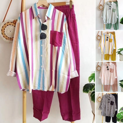 🌸【S-5XL】Nowy wiosenny komplet w paski, dwuczęściowy zestaw z długim rękawem i spodniami.