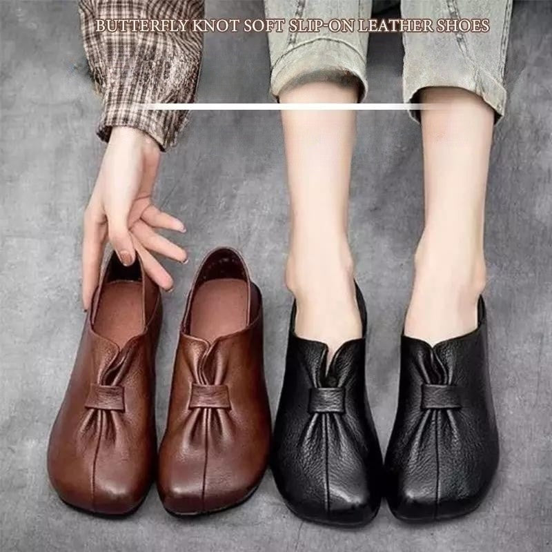 👡【35-42】2025 nuevos zapatos sin cordones de suela suave con lazo, piel de vaca de alta calidad, simples y exquisitos