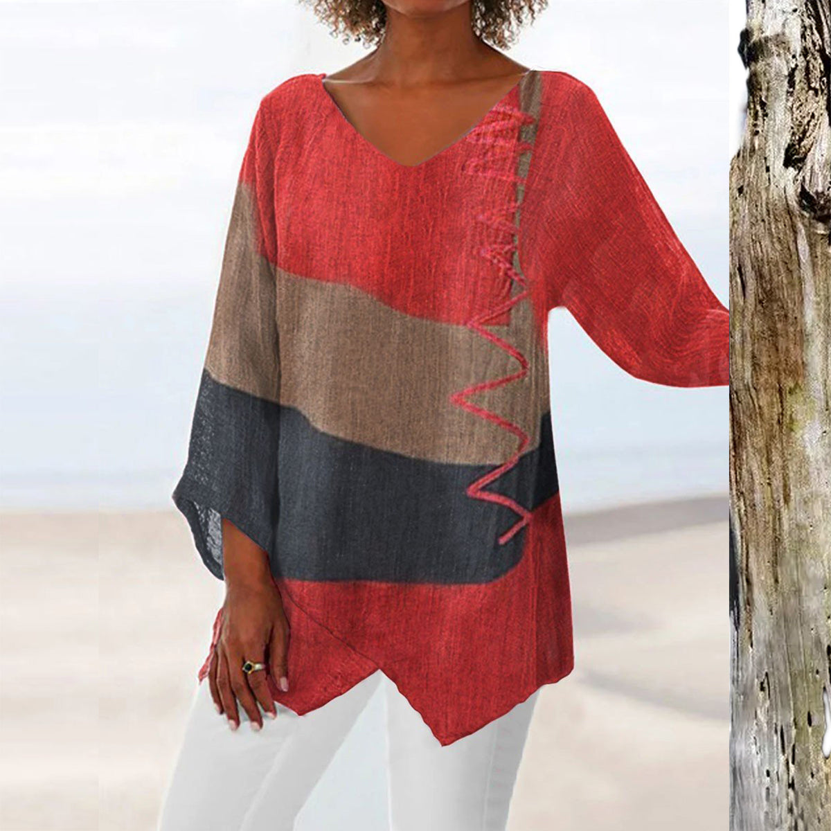 ⏳ Último día - 50% de descuento 😍【S~5XL】Elegante top casual para mujer con cuello en V y mangas largas, estampado artístico
