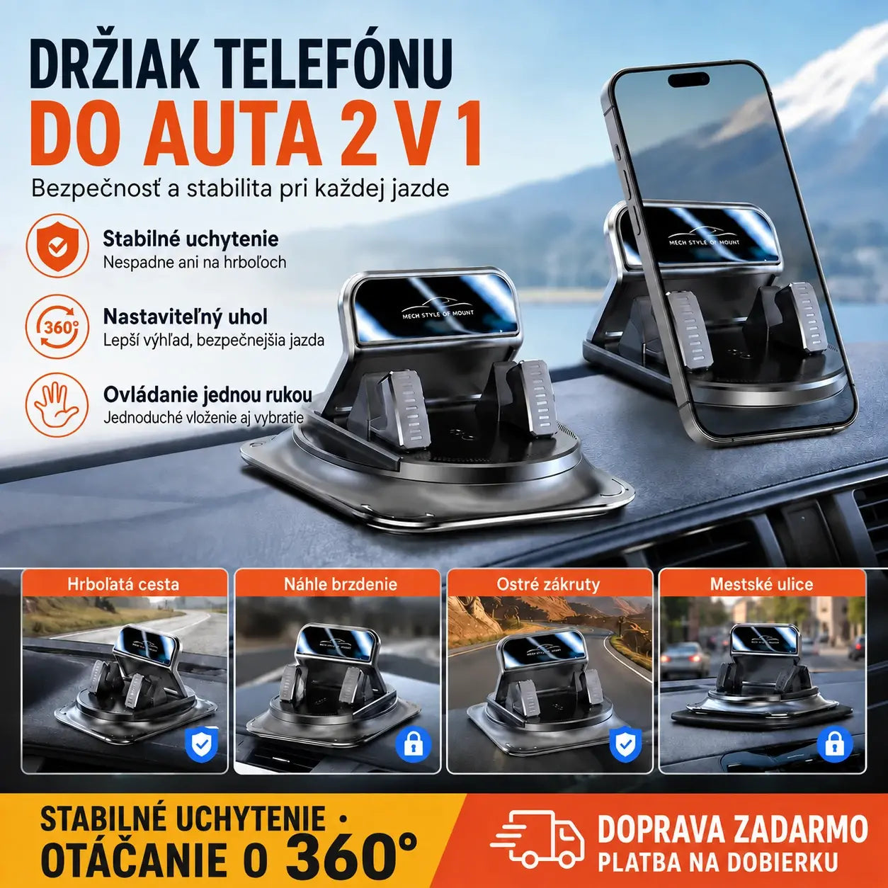 🚗 Držiak na mobil 2 v 1 do auta, otočný o 360° a protišmykový