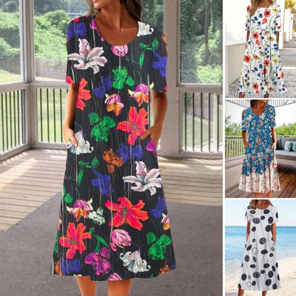 💐【S-3XL】Rochie elegantă de vară din bumbac, cu decolteu rotund și imprimeu pe buzunare 