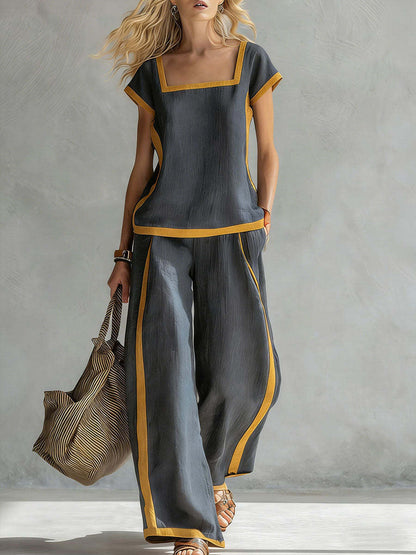 🔥 ¡Novedades de verano! 😍 Conjunto de dos piezas moderno para mujer 2026: detalles en colores contrastantes, combinado con pantalones de pierna ancha: casual y elegante.