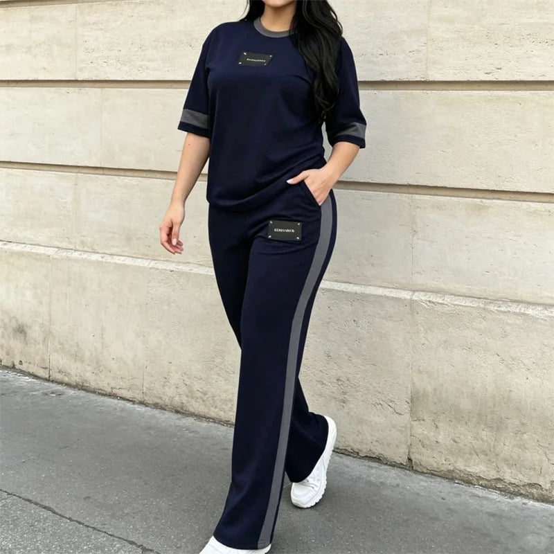 Trening de Vară Dama din 2 Piese, Tricou Lejer cu Bandă Contrastantă și Pantaloni Lungi Sport, Material Fin, Respirabil și Răcoros