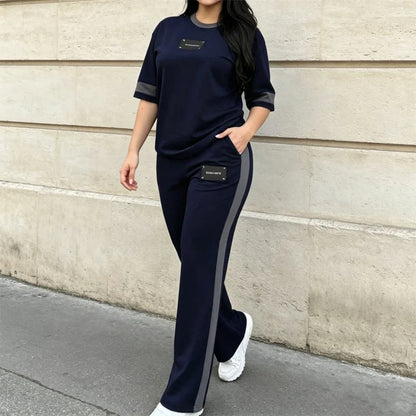 Trening de Vară Dama din 2 Piese, Tricou Lejer cu Bandă Contrastantă și Pantaloni Lungi Sport, Material Fin, Respirabil și Răcoros