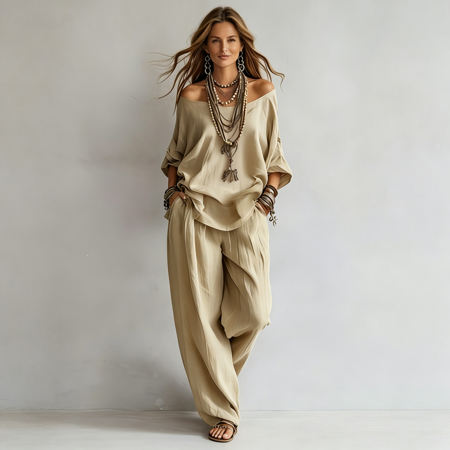 Conjunto Boho de Dos Piezas para Mujer – Blusa Holgada de Hombros Caídos y Pantalón Ancho Fluido