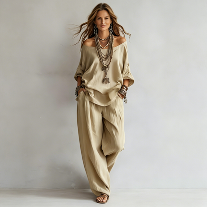 Conjunto Boho de Dos Piezas para Mujer – Blusa Holgada de Hombros Caídos y Pantalón Ancho Fluido
