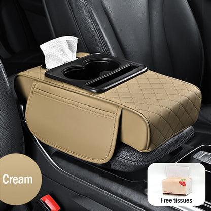 🚗🚗Univerzálna kožená podložka na lakťovú opierku do auta 4 v 1 ✅ Vstavaný box na vreckovky ✅ Držiak pohárov