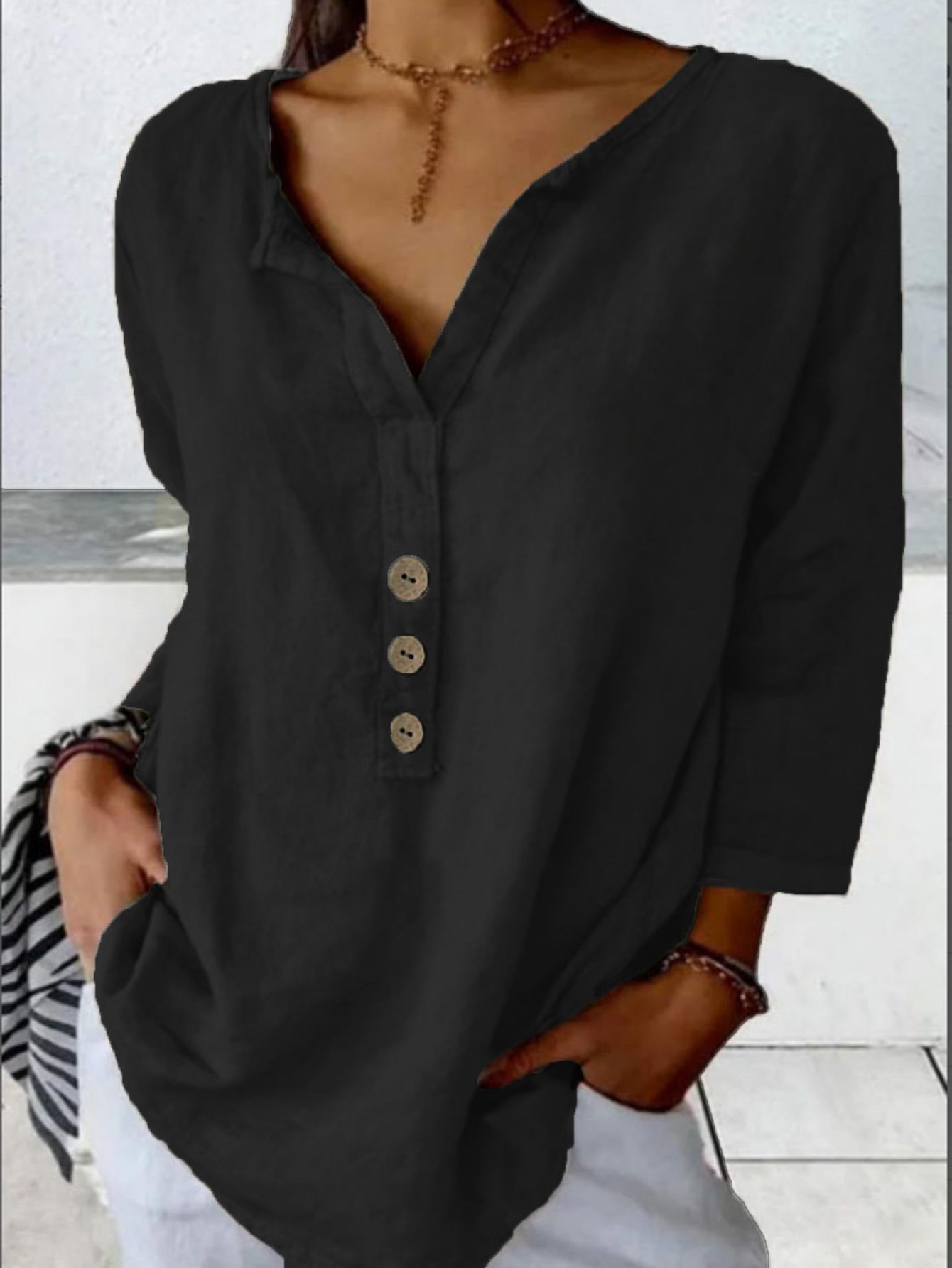 【-49% OFF】🔥Blusa de manga larga con cuello en V y botones, ideal para primavera, verano y otoño.【Pago contra entrega】
