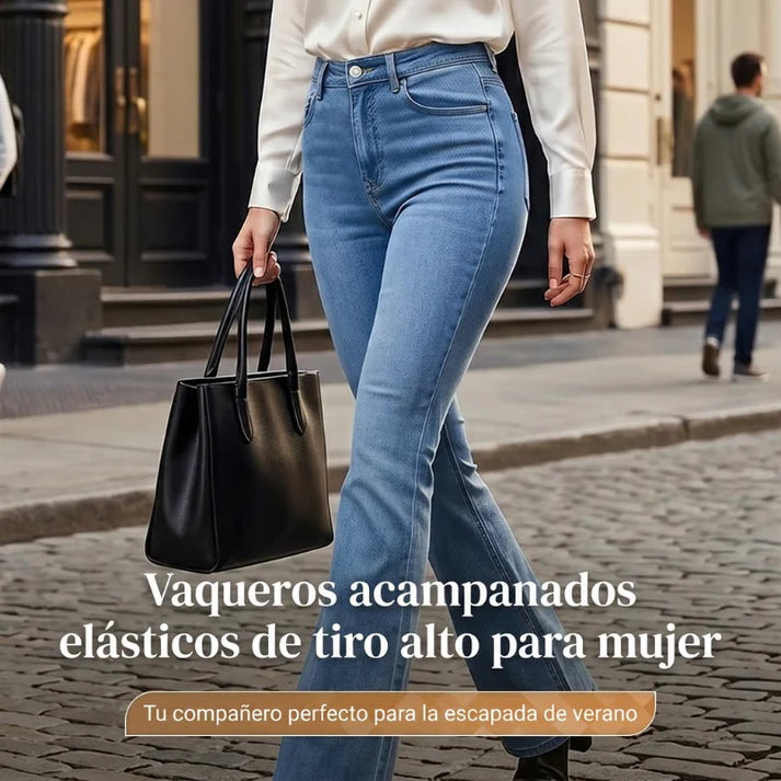【S-3XL】Vaqueros de cintura alta y acampanado elástico para mujer