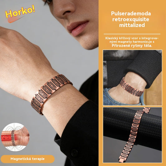 ✨💪 Starožitný červený měděný náramek s nádhernou řezbou, retro a elegantní náramek s plným magnetem ve tvaru kříže
