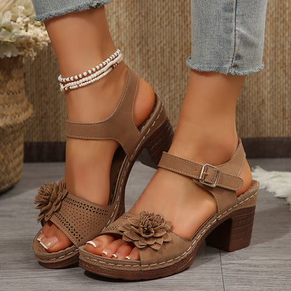 🌟【36-43】Sandale elegante pentru femei, cu vârful deschis, de vară 2025, sandale cu toc înalt și talpă groasă și decorațiuni florale 