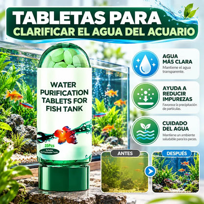 💧🐟【2 frascos / 70 pastillas】Tabletas purificadoras de agua para acuario – ayudan a mejorar la claridad, reducen algas y fórmula suave para peces, camarones y plantas acuáticas.